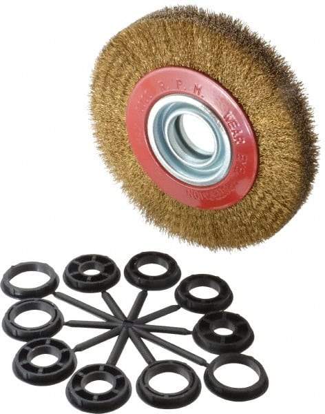 Value Collection - 6" OD, 1-1/4" Arbor Hole, Crimped Brass-Coated Steel Wheel Brush - 1" Face Width, 1-1/8" Trim Length, 0.012" Filament Diam, 6,000 RPM - Apex Tool & Supply