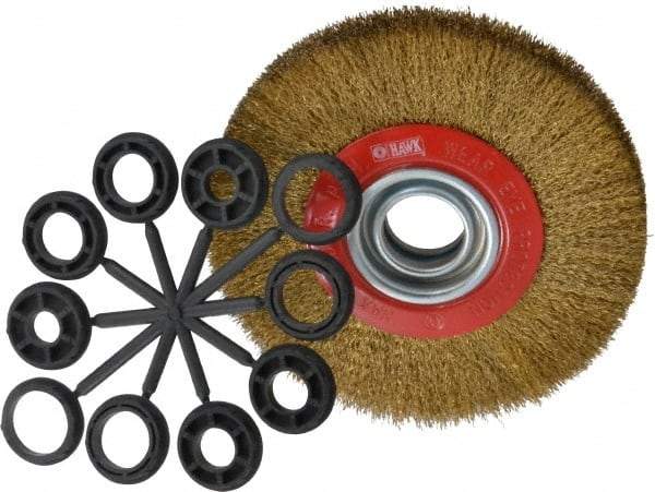 Value Collection - 7" OD, 1-1/4" Arbor Hole, Crimped Brass-Coated Steel Wheel Brush - 3/4" Face Width, 1-1/2" Trim Length, 0.012" Filament Diam, 6,000 RPM - Apex Tool & Supply