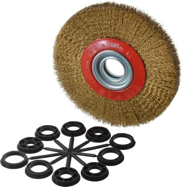 Value Collection - 7" OD, 1-1/4" Arbor Hole, Crimped Brass-Coated Steel Wheel Brush - 1" Face Width, 1-1/2" Trim Length, 0.012" Filament Diam, 6,000 RPM - Apex Tool & Supply