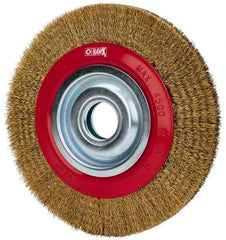 Value Collection - 8" OD, 1-1/4" Arbor Hole, Crimped Brass-Coated Steel Wheel Brush - 3/4" Face Width, 1-11/32" Trim Length, 0.012" Filament Diam, 4,500 RPM - Apex Tool & Supply