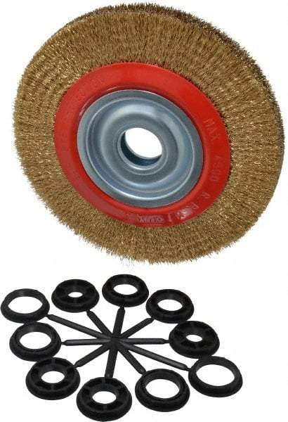 Value Collection - 8" OD, 1-1/4" Arbor Hole, Crimped Brass-Coated Steel Wheel Brush - 1" Face Width, 1-11/32" Trim Length, 0.012" Filament Diam, 4,500 RPM - Apex Tool & Supply