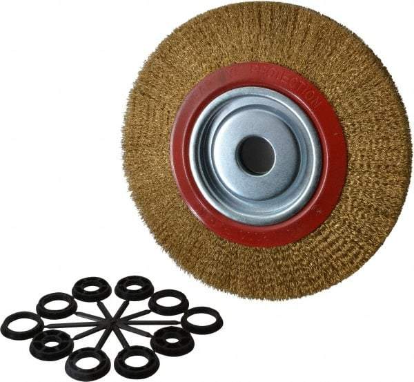 Value Collection - 10" OD, 1-1/4" Arbor Hole, Crimped Brass-Coated Steel Wheel Brush - 1" Face Width, 1-15/32" Trim Length, 0.012" Filament Diam, 3,000 RPM - Apex Tool & Supply