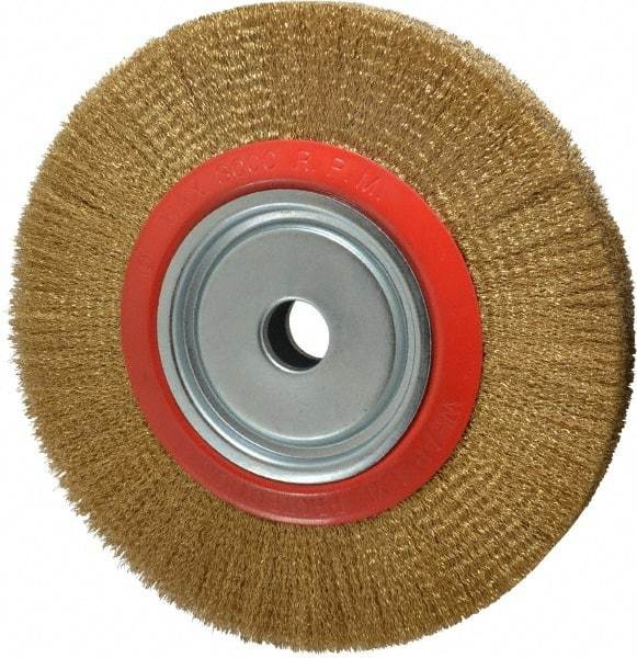 Value Collection - 12" OD, 1-1/4" Arbor Hole, Crimped Brass-Coated Steel Wheel Brush - 1-21/32" Face Width, 2-3/8" Trim Length, 0.012" Filament Diam, 3,000 RPM - Apex Tool & Supply