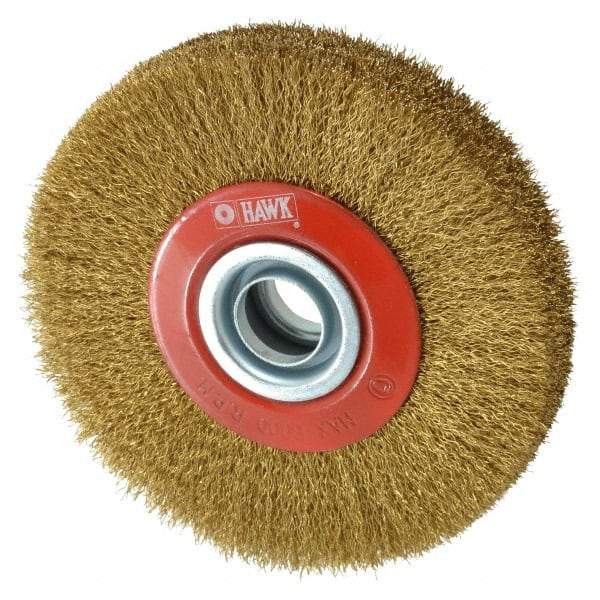 Value Collection - 5" OD, 3/4" Arbor Hole, Crimped Brass-Coated Steel Wheel Brush - 1" Face Width, 1-3/32" Trim Length, 0.007" Filament Diam, 6,000 RPM - Apex Tool & Supply
