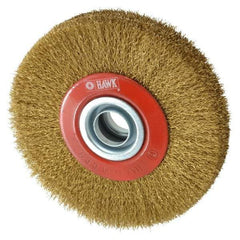 Value Collection - 5" OD, 3/4" Arbor Hole, Crimped Brass-Coated Steel Wheel Brush - 1" Face Width, 1-3/32" Trim Length, 0.007" Filament Diam, 6,000 RPM - Apex Tool & Supply