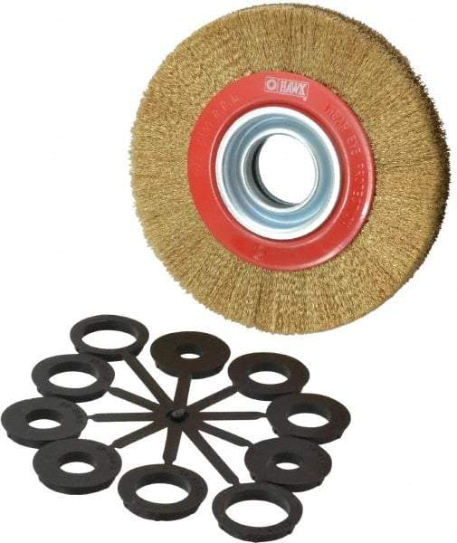 Value Collection - 6" OD, 1-1/4" Arbor Hole, Crimped Brass-Coated Steel Wheel Brush - 11/16" Face Width, 1-1/8" Trim Length, 0.007" Filament Diam, 6,000 RPM - Apex Tool & Supply