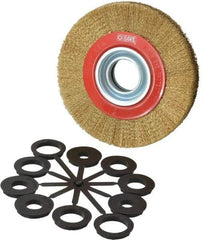 Value Collection - 6" OD, 1-1/4" Arbor Hole, Crimped Brass-Coated Steel Wheel Brush - 11/16" Face Width, 1-1/8" Trim Length, 0.007" Filament Diam, 6,000 RPM - Apex Tool & Supply