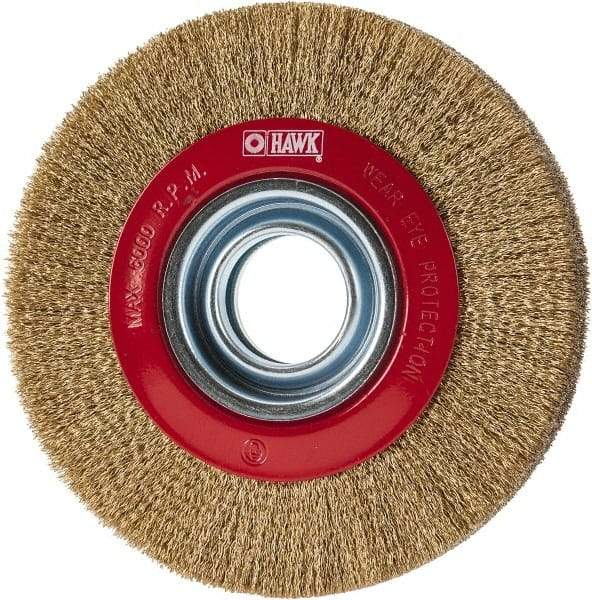 Value Collection - 6" OD, 1-1/4" Arbor Hole, Crimped Brass-Coated Steel Wheel Brush - 1" Face Width, 1-1/8" Trim Length, 0.007" Filament Diam, 6,000 RPM - Apex Tool & Supply