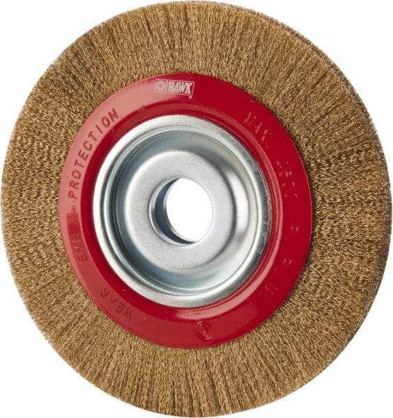 Value Collection - 8" OD, 1-1/4" Arbor Hole, Crimped Brass-Coated Steel Wheel Brush - 3/4" Face Width, 1-11/32" Trim Length, 0.007" Filament Diam, 4,500 RPM - Apex Tool & Supply