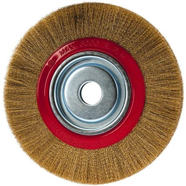 Value Collection - 10" OD, 1-1/4" Arbor Hole, Crimped Brass-Coated Steel Wheel Brush - 1" Face Width, 1-15/32" Trim Length, 0.007" Filament Diam, 3,000 RPM - Apex Tool & Supply