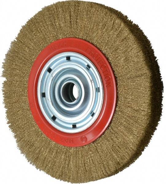 Value Collection - 12" OD, 1-1/4" Arbor Hole, Crimped Brass-Coated Steel Wheel Brush - 1-21/32" Face Width, 2-3/8" Trim Length, 0.007" Filament Diam, 3,000 RPM - Apex Tool & Supply