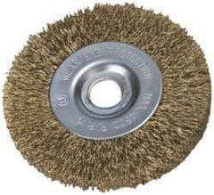 Value Collection - 2" OD, 3/8" Arbor Hole, Crimped Brass-Coated Steel Wheel Brush - 9/32" Face Width, 3/8" Trim Length, 0.007" Filament Diam, 4,500 RPM - Apex Tool & Supply
