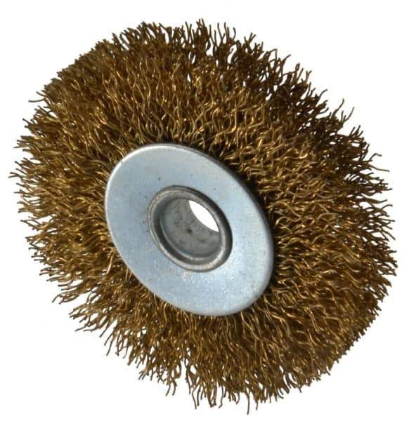 Value Collection - 2-1/2" OD, 3/8" Arbor Hole, Crimped Brass-Coated Steel Wheel Brush - 3/8" Face Width, 1/2" Trim Length, 0.012" Filament Diam, 4,500 RPM - Apex Tool & Supply