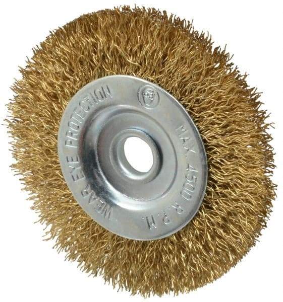 Value Collection - 3" OD, 3/8" Arbor Hole, Crimped Brass-Coated Steel Wheel Brush - 3/8" Face Width, 5/8" Trim Length, 0.012" Filament Diam, 4,500 RPM - Apex Tool & Supply
