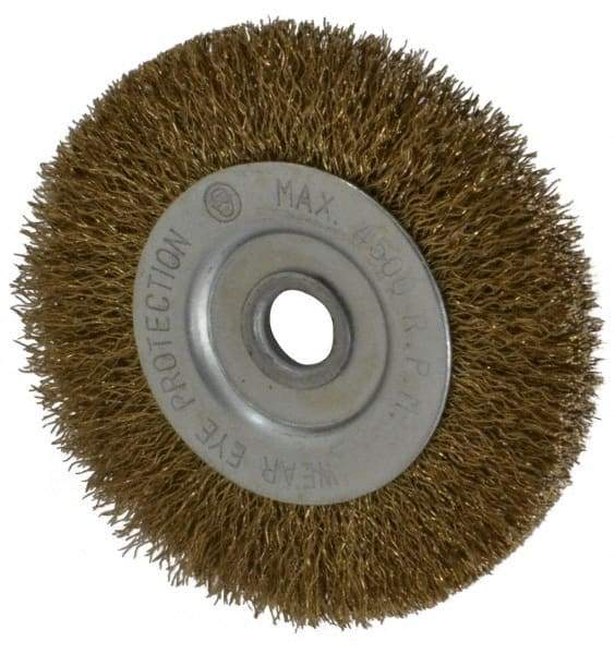 Value Collection - 3" OD, 3/8" Arbor Hole, Crimped Brass-Coated Steel Wheel Brush - 3/8" Face Width, 5/8" Trim Length, 0.007" Filament Diam, 4,500 RPM - Apex Tool & Supply