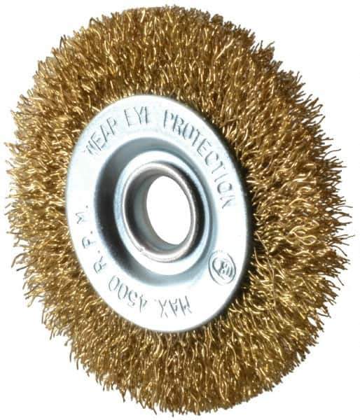 Value Collection - 3" OD, 1/2" Arbor Hole, Crimped Brass-Coated Steel Wheel Brush - 3/8" Face Width, 5/8" Trim Length, 0.012" Filament Diam, 4,500 RPM - Apex Tool & Supply