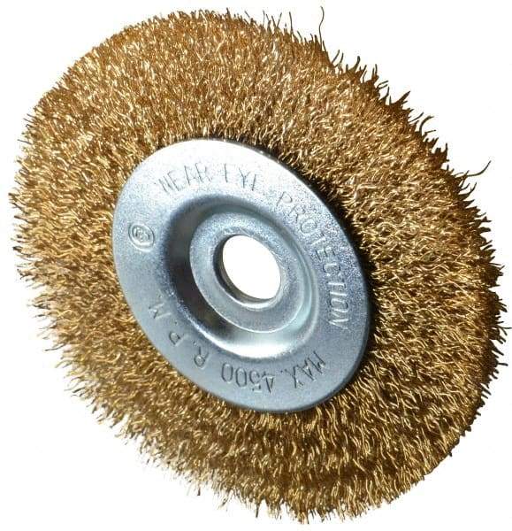 Value Collection - 4" OD, 1/2" Arbor Hole, Crimped Brass-Coated Steel Wheel Brush - 1/2" Face Width, 7/8" Trim Length, 0.012" Filament Diam, 4,500 RPM - Apex Tool & Supply