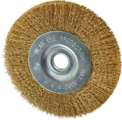 Value Collection - 4" OD, 1/2" Arbor Hole, Crimped Brass-Coated Steel Wheel Brush - 1/2" Face Width, 7/8" Trim Length, 0.007" Filament Diam, 4,500 RPM - Apex Tool & Supply