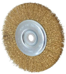 Value Collection - 5" OD, 5/8" Arbor Hole, Crimped Brass-Coated Steel Wheel Brush - 1/2" Face Width, 3/4" Trim Length, 0.012" Filament Diam, 3,750 RPM - Apex Tool & Supply
