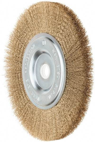 Value Collection - 6" OD, 5/8" Arbor Hole, Crimped Brass-Coated Steel Wheel Brush - 1/2" Face Width, 1-3/8" Trim Length, 0.012" Filament Diam, 3,750 RPM - Apex Tool & Supply