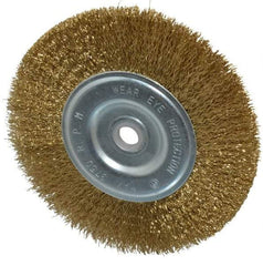 Value Collection - 6" OD, 5/8" Arbor Hole, Crimped Brass-Coated Steel Wheel Brush - 11/16" Face Width, 1-3/8" Trim Length, 0.012" Filament Diam, 6,000 RPM - Apex Tool & Supply