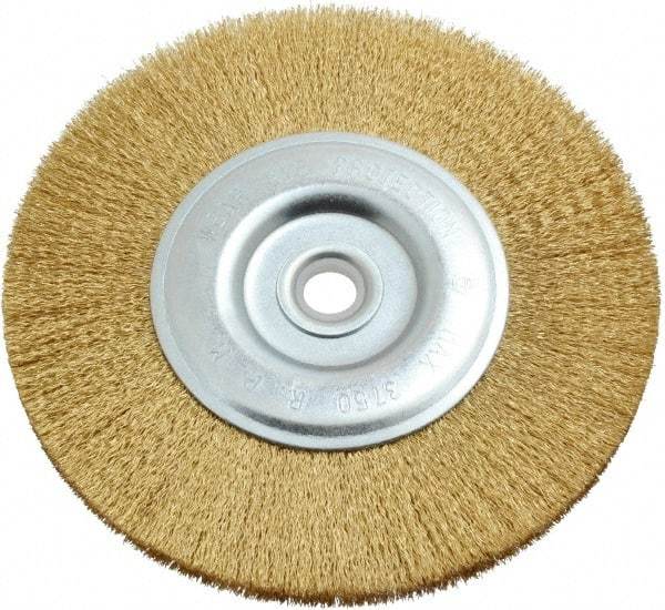 Value Collection - 6" OD, 5/8" Arbor Hole, Crimped Brass-Coated Steel Wheel Brush - 11/16" Face Width, 1-3/8" Trim Length, 0.012" Filament Diam, 3,750 RPM - Apex Tool & Supply