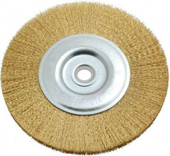 Value Collection - 6" OD, 5/8" Arbor Hole, Crimped Brass-Coated Steel Wheel Brush - 11/16" Face Width, 1-3/8" Trim Length, 0.012" Filament Diam, 3,750 RPM - Apex Tool & Supply