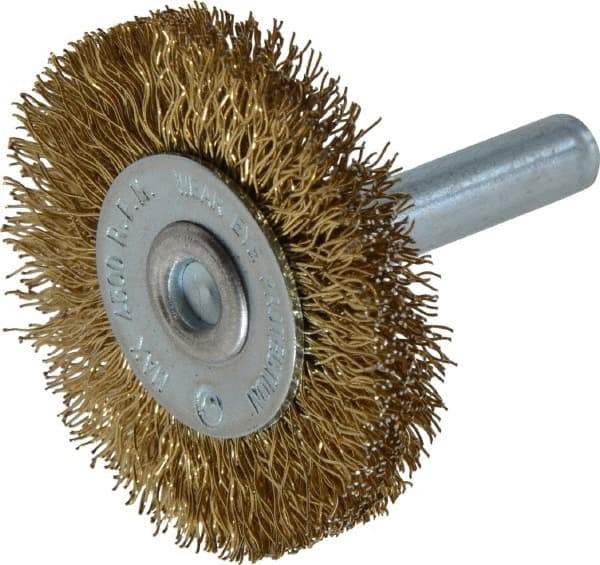 Value Collection - 1-5/8" OD, 1/4" Shank Diam, Crimped Brass-Coated Steel Wheel Brush - 3/16" Face Width, 3/8" Trim Length, 0.015" Filament Diam, 4,500 RPM - Apex Tool & Supply