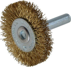 Value Collection - 1-5/8" OD, 1/4" Shank Diam, Crimped Brass-Coated Steel Wheel Brush - 3/16" Face Width, 3/8" Trim Length, 0.015" Filament Diam, 4,500 RPM - Apex Tool & Supply