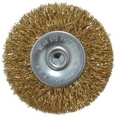 Value Collection - 2" OD, 1/4" Shank Diam, Crimped Brass-Coated Steel Wheel Brush - 9/32" Face Width, 3/8" Trim Length, 0.015" Filament Diam, 4,500 RPM - Apex Tool & Supply