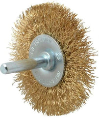 Value Collection - 2-1/2" OD, 1/4" Shank Diam, Crimped Brass-Coated Steel Wheel Brush - 11/32" Face Width, 1/2" Trim Length, 0.015" Filament Diam, 4,500 RPM - Apex Tool & Supply
