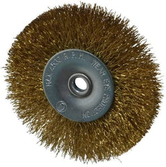 Value Collection - 2-1/2" OD, 1/4" Shank Diam, Crimped Brass-Coated Steel Wheel Brush - 11/32" Face Width, 1/2" Trim Length, 0.008" Filament Diam, 4,500 RPM - Apex Tool & Supply