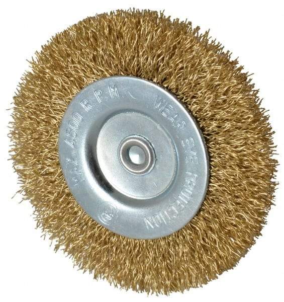 Value Collection - 3" OD, 1/4" Shank Diam, Crimped Brass-Coated Steel Wheel Brush - 3/8" Face Width, 5/8" Trim Length, 0.015" Filament Diam, 4,500 RPM - Apex Tool & Supply