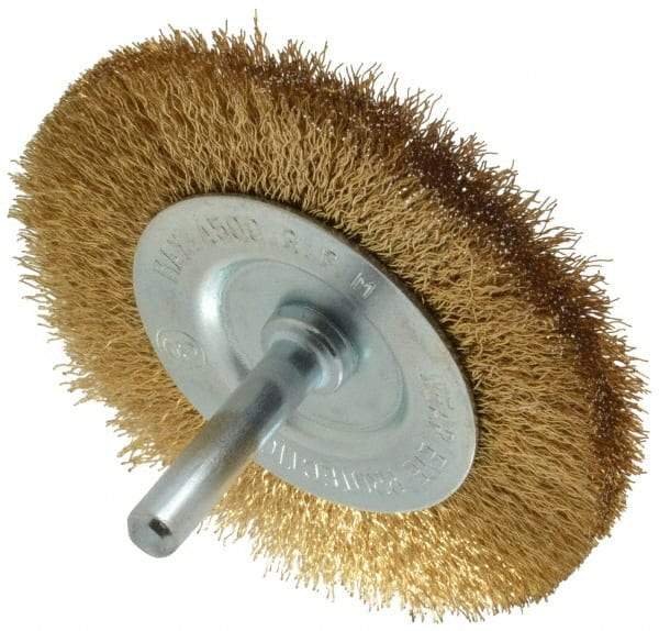 Value Collection - 3" OD, 1/4" Shank Diam, Crimped Brass-Coated Steel Wheel Brush - 3/8" Face Width, 5/8" Trim Length, 0.008" Filament Diam, 4,500 RPM - Apex Tool & Supply