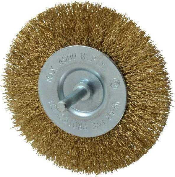 Value Collection - 4" OD, 1/4" Shank Diam, Crimped Brass-Coated Steel Wheel Brush - 15/32" Face Width, 7/8" Trim Length, 0.015" Filament Diam, 4,500 RPM - Apex Tool & Supply