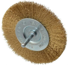 Value Collection - 4" OD, 1/4" Shank Diam, Crimped Brass-Coated Steel Wheel Brush - 15/32" Face Width, 7/8" Trim Length, 0.008" Filament Diam, 4,500 RPM - Apex Tool & Supply