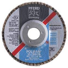 PFERD - 60 Grit, 4-1/2" Disc Diam, 5/8-11 Center Hole, Type 27 Zirconia Alumina Flap Disc - 13,300 Max RPM, Fiberglass Backing, Arbor Attaching System, Coated - Apex Tool & Supply