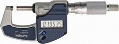 Mitutoyo - 0 to 1" Range, 0.0001" Resolution, Standard Throat, Electronic Outside Micrometer - 0.0001" Accuracy, Ratchet Stop Thimble, Carbide Face, SR44 Battery, Plastic Case, Includes NIST Traceable Certification of Inspection - Apex Tool & Supply