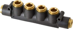 Parker - 1/2" Inlet, 1/2" Outlet Manifold - 6.49" Long x 1.02" Wide 0.22" Mount Hole, 200°F Max, 150 Max PSI, 2 Inlet Ports, 4 Outlet Ports - Apex Tool & Supply