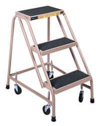 Gillis - 30" 3 Step Ladder - Rolling Steel Office Ladder, 300 Lb Capacity, 30" Platform Height, 24" Base Width x 27" Depth, Rubber Matted - Apex Tool & Supply