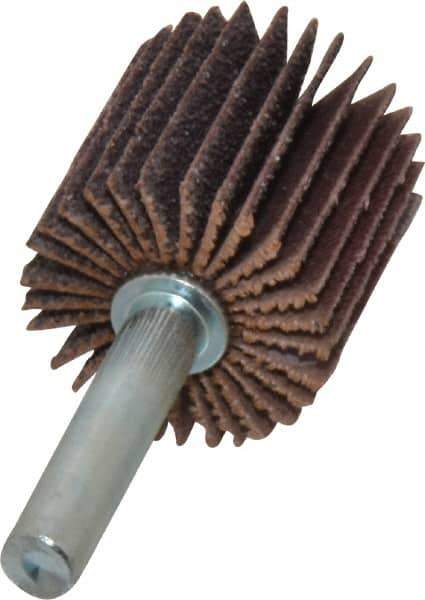 Norton - 1" Diam x 1" Face Width, Medium Aluminum Oxide Coated Mounted Flap Wheel - 1/4" Shank Mount, 60 Grit, Cloth Backing, 30,000 Max RPM - Apex Tool & Supply