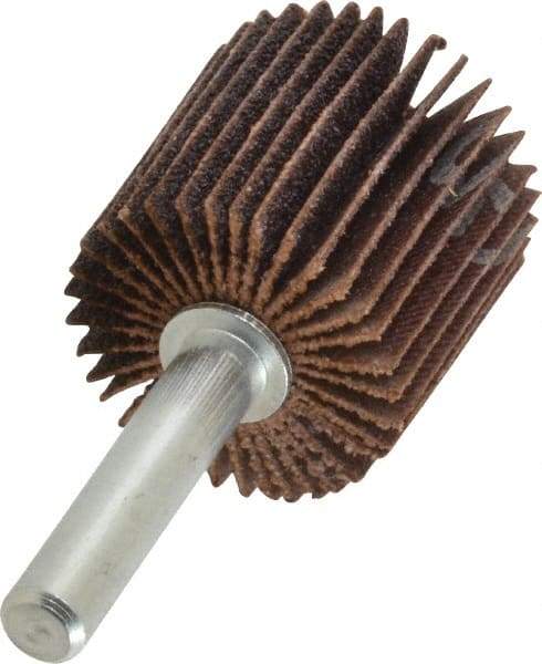 Norton - 1" Diam x 1" Face Width, Medium Aluminum Oxide Coated Mounted Flap Wheel - 1/4" Shank Mount, 80 Grit, Cloth Backing, 30,000 Max RPM - Apex Tool & Supply
