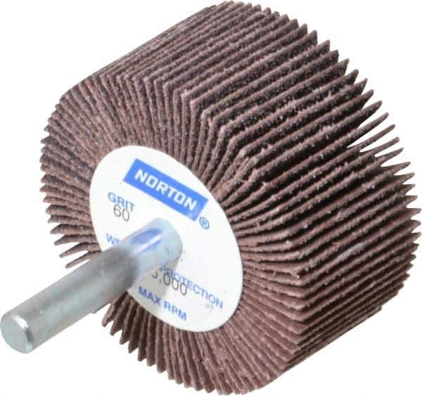 Norton - 2" Diam x 1" Face Width, Medium Aluminum Oxide Coated Mounted Flap Wheel - 1/4" Shank Mount, 60 Grit, Cloth Backing, 23,000 Max RPM - Apex Tool & Supply