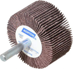 Norton - 2" Diam x 1" Face Width, Medium Aluminum Oxide Coated Mounted Flap Wheel - 1/4" Shank Mount, 60 Grit, Cloth Backing, 23,000 Max RPM - Apex Tool & Supply