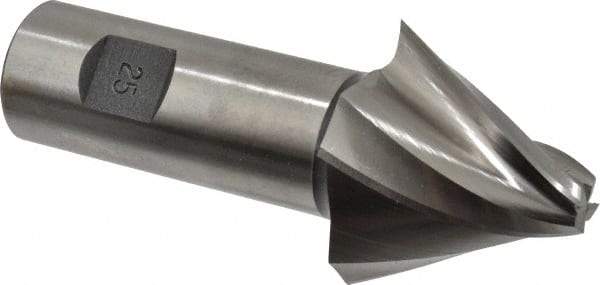 Made in USA - 25° Taper Angle per Side, 3/8" Small End Diam, 1-1/2" LOC, High Speed Steel 4 Flute Tapered Square End Mill - 4" OAL, 1" Shank Diam, Spiral Flute - Apex Tool & Supply