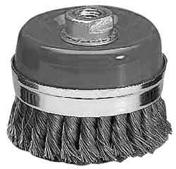 Value Collection - 4-3/8" Diam, M16x2.00 Threaded Arbor, Steel Fill Cup Brush - 0.0137 Wire Diam, 6,500 Max RPM - Apex Tool & Supply