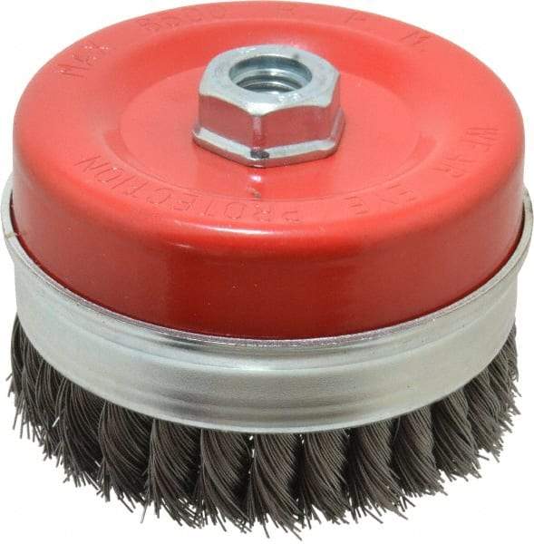 Value Collection - 4-3/8" Diam, 5/8-11 Threaded Arbor, Steel Fill Cup Brush - 0.02 Wire Diam, 6,500 Max RPM - Apex Tool & Supply