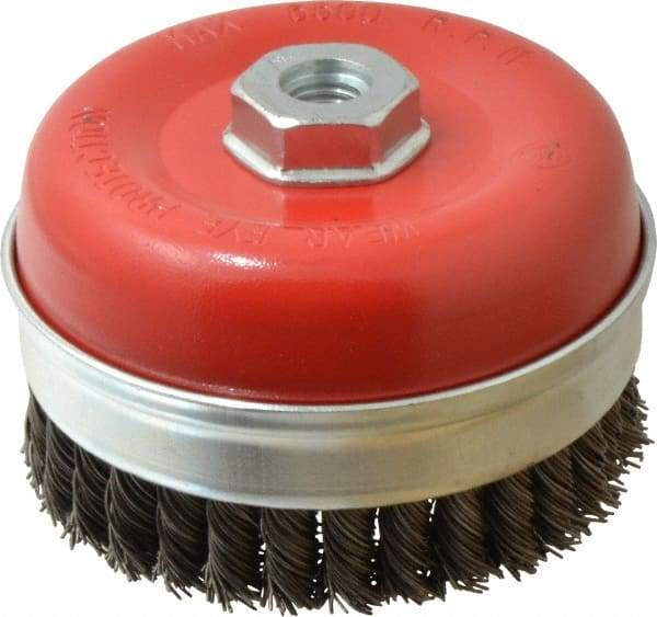 Value Collection - 5" Diam, 5/8-11 Threaded Arbor, Steel Fill Cup Brush - 0.0314 Wire Diam, 6,500 Max RPM - Apex Tool & Supply