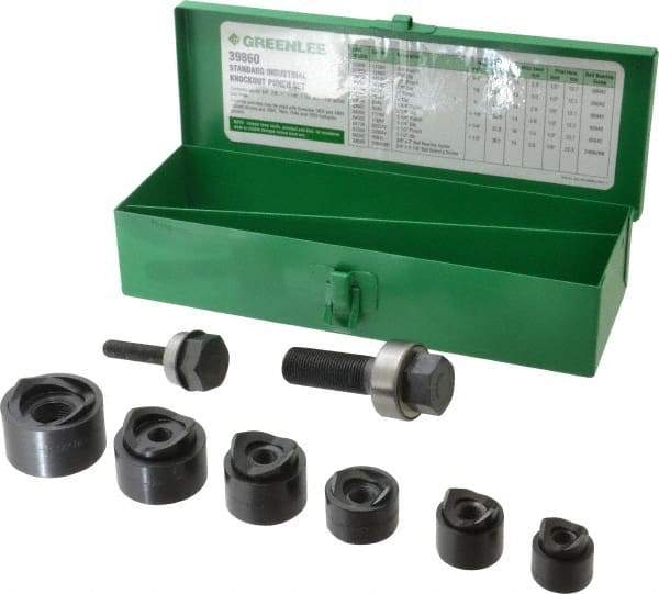 Greenlee - 15 Piece, 3/4 to 1-1/2" Punch Hole Diam, Manual Standard Punch Kit - Round Punch, 16 Gage Mild Steel - Apex Tool & Supply