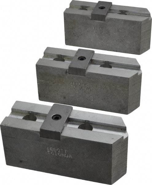 Abbott Workholding Products - 10" & Up Chuck Capacity, Tongue & Groove Attachment, Square Soft Lathe Chuck Jaw - 3 Jaws, Aluminum, 2-1/8" Btw Mount Hole Ctrs, 4-1/2" Long x 1-1/2" Wide x 2" High, 1/2" Groove, 1/2" Fastener - Apex Tool & Supply